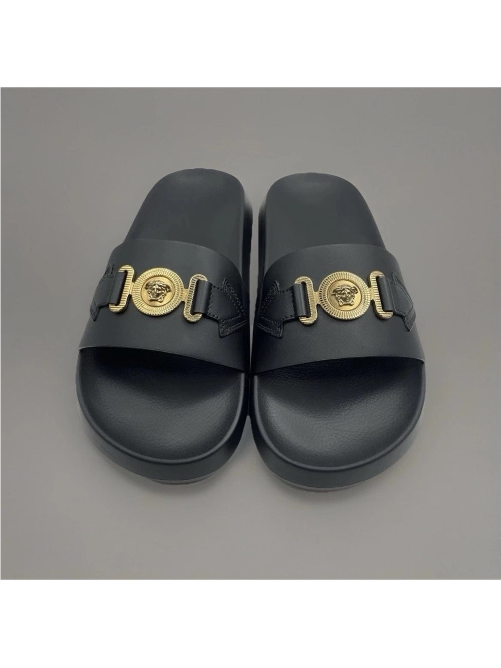 Versace Slides Vitello Black And Gold Size EU 40 US7 $595 Retail Authentic